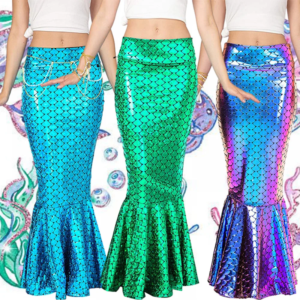 Halloween Mermaid Costumes High Waist Bodycon Fishtail Skirt for Women Cosplay Masquerade Role-Playing Party Outfits