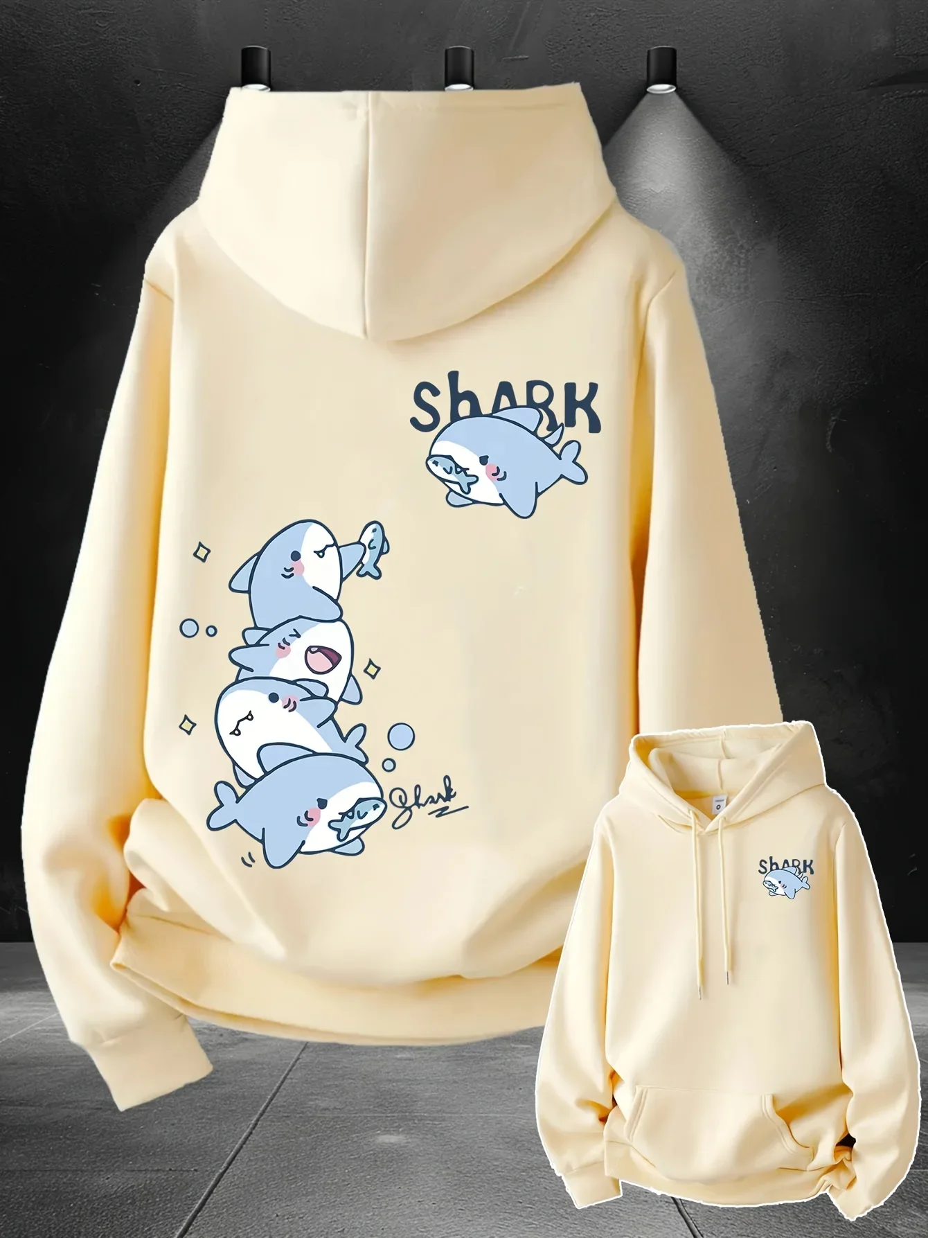 2026 Hoodie men's cute stacked cartoon shark pattern print autumn and winter loose casual pullover sweatshi