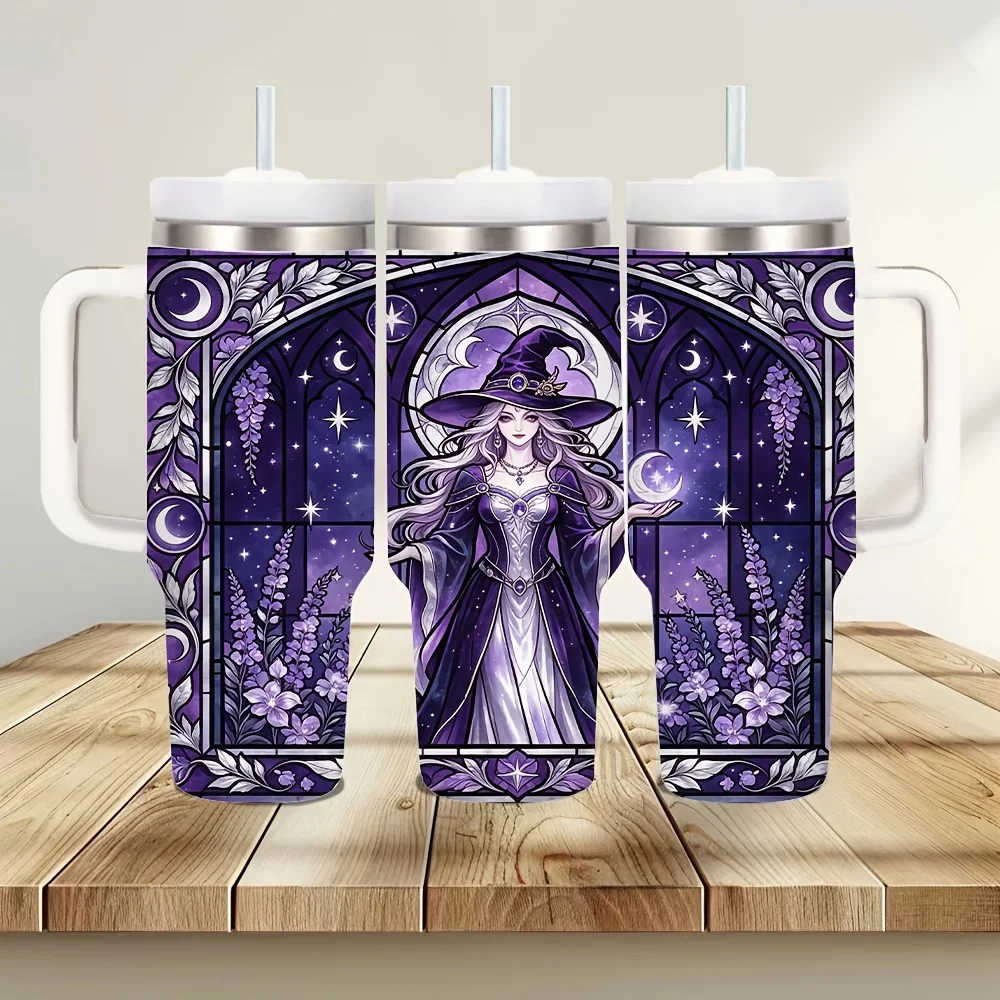 40oz Purple Witch Moon Print Insulated Tumbler with Handle, Fits Both Cold And Hot Drinks, Great for Witch Enthusiasts, Suitable for Halloween And Daily Outdoor Use