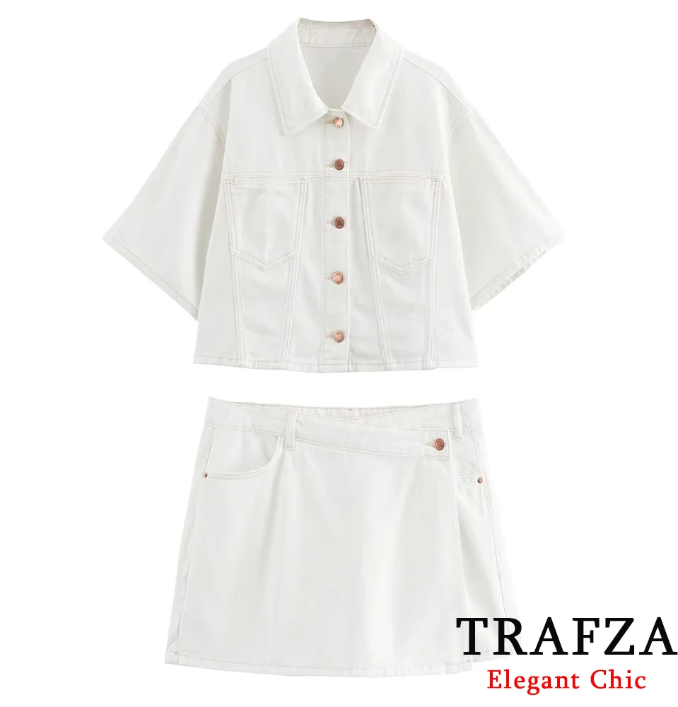 TRAFZA Classic White Denim Short Jacket Set donna giacca minimalista pantaloncini gonne nuovo 2024 Summer Fasion Vacation Commuter Set