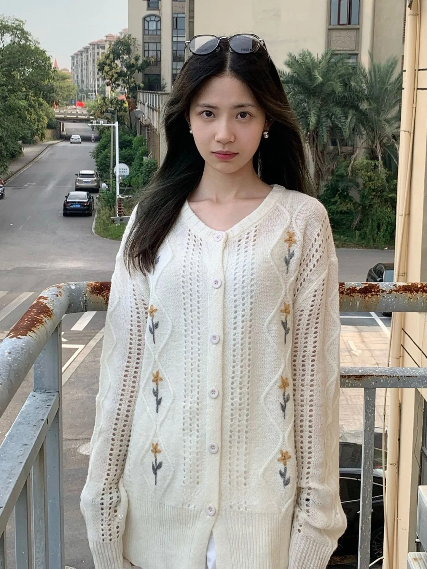 

Ladies' Loose Knitted Open Cardigan White Hollow out Design Spring Faion Slimming Top Ci Walk Long Sve round Ne Coat