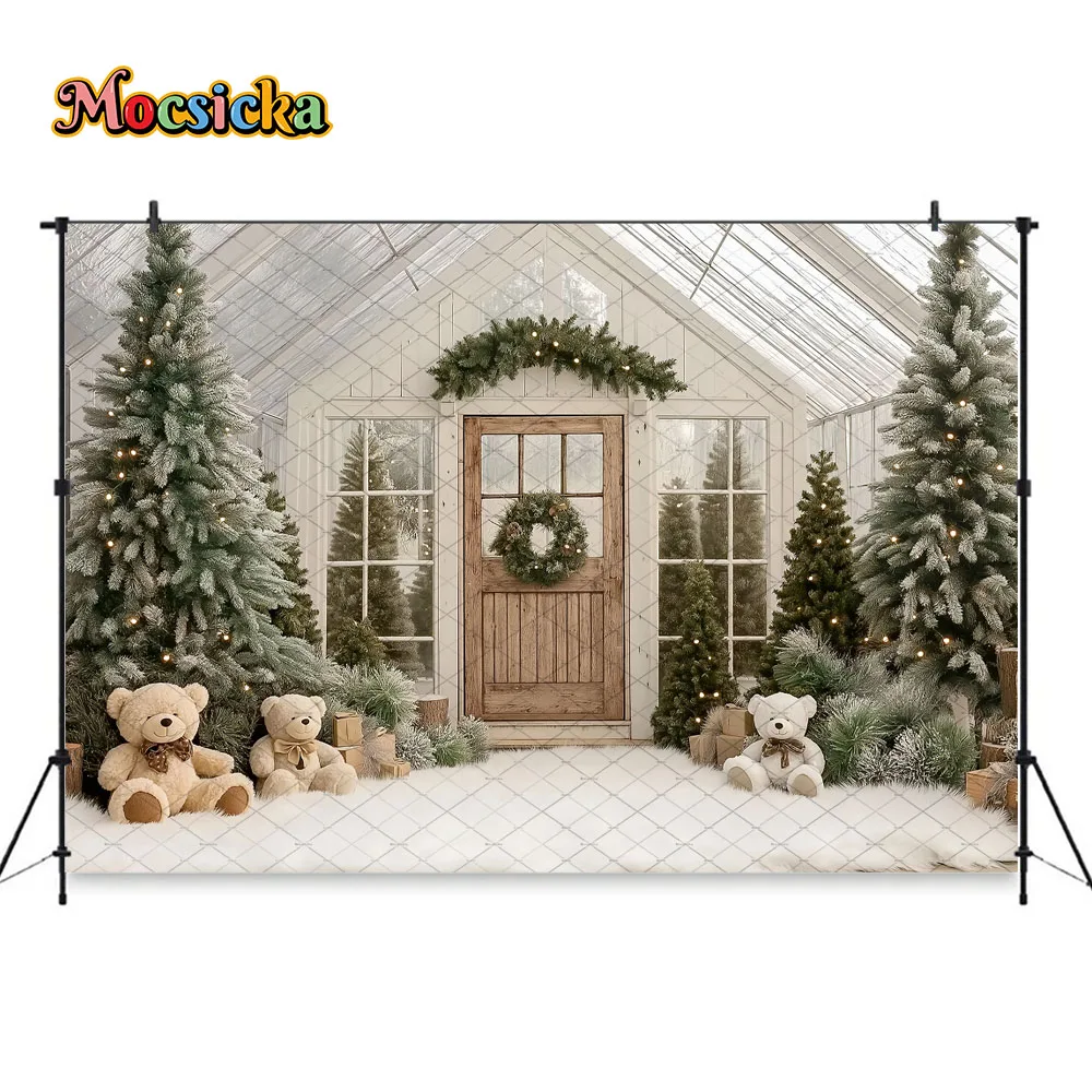Mocsicka noël serre fond photographie arbre de noël cadeau ours porte en bois toile de fond hiver enfant bébé Photozone Studio