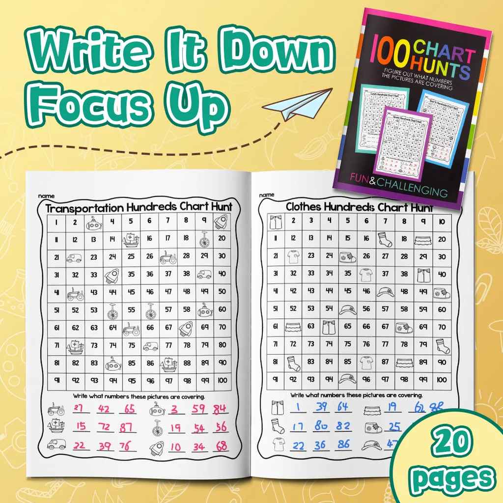 

Hundreds Chart Hunt Counting Workbook for Kids: 100-Chart Puzzles, Number Recognition, Write the Missing Numbers