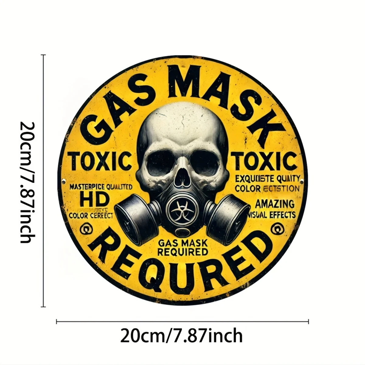2D Flat, 2D Flat, 2D Flat A Vintage Round Metal Sign Featuring a Toxic Hazard Symbol, Requiring a Gas Mask Sign. This 2D Flat Pr