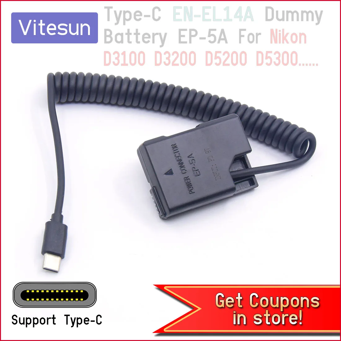 USB TYPE-C EN-EL14A Dummy Battery EP-5A Power Bank Adapter Cable For Nikon D3100 D3200 D3300 D3400 D3500 D5100 D5200 D5300 D5500