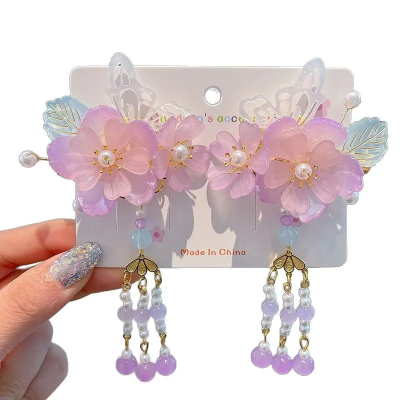 Acessórios de cabelo tradicionais, grampos de cabelo pendurados florais com borlas de borboleta de cristal para meninas, estilo antigo, grampos de cabelo de princesa