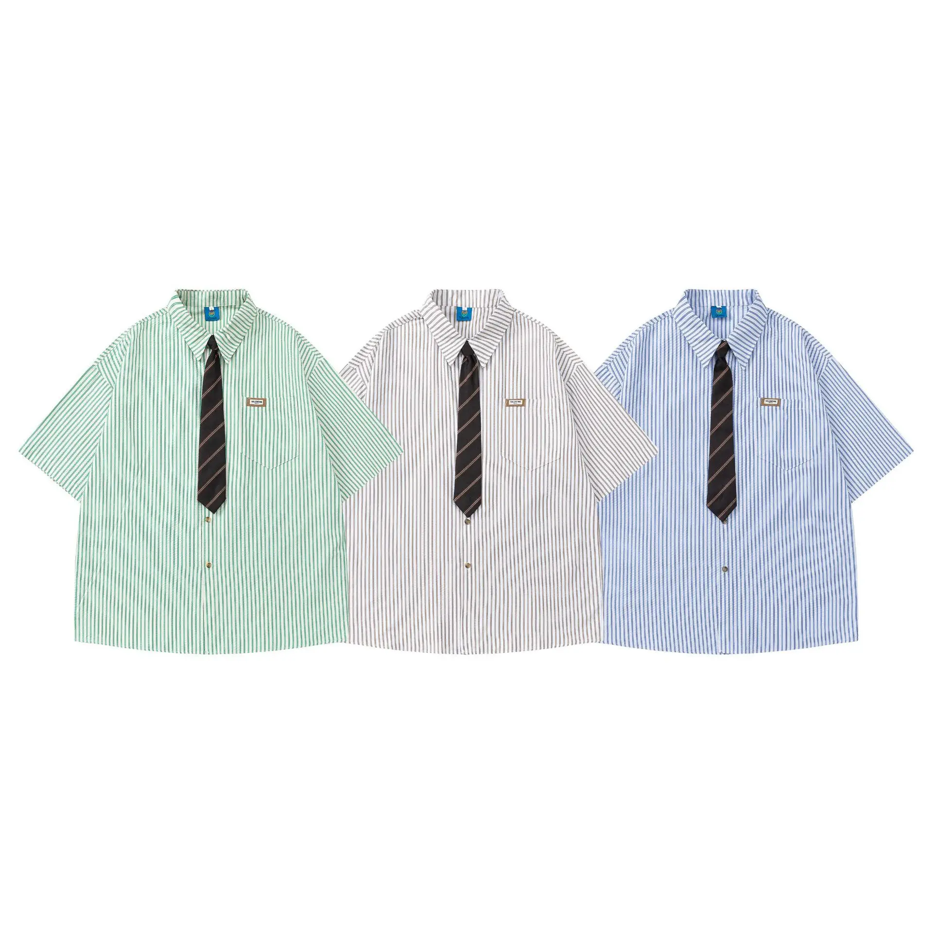Vintage Tie Decoration Striped Shirt Short Sleeved College Style Loose Couple Shirt Thin Jacket for Men and Women