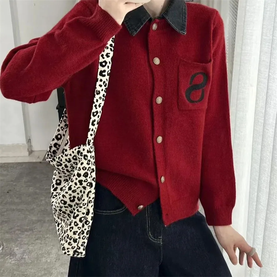 

Autumn Winter Korean Denim Lapel Stitching Fake Two-Piece Sweater Women's Cardigans Temperament All-Match Sweater Ladies Sweater