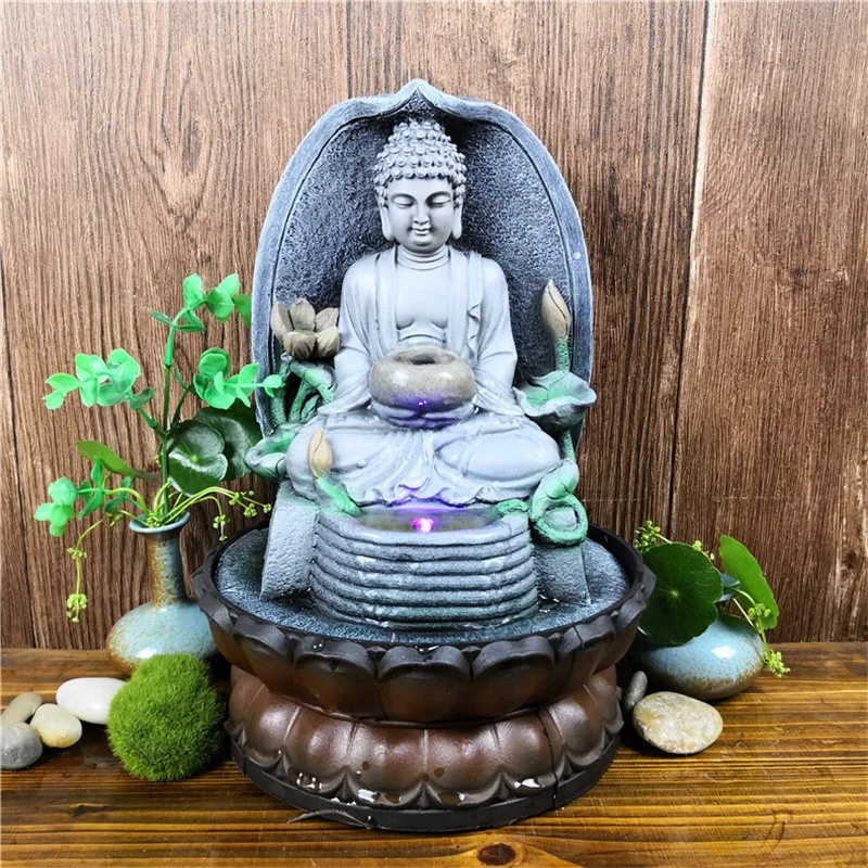 Zen Buddha Statue Sitting Water Fountain LED Indoor Tabletop Feng Shui Meditating Desktop Relaxing Decor