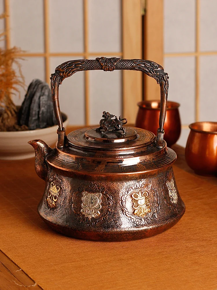 

Teapot Handmade Eight Treasures Pure Copper Seiko Carving Gilt Boiling Water Thickened Household Chinese Retro Desktop Ornament