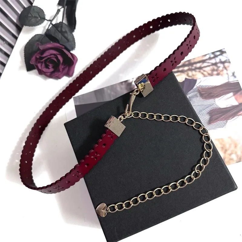 Damski Vintage Ażurowy Pasek do Sukienki z Prawdziwej Skóry z Metalowym Łańcuszkiem, Gorset, Cummerbund, Ozdoba do Paska, Wąski Pasek J1482