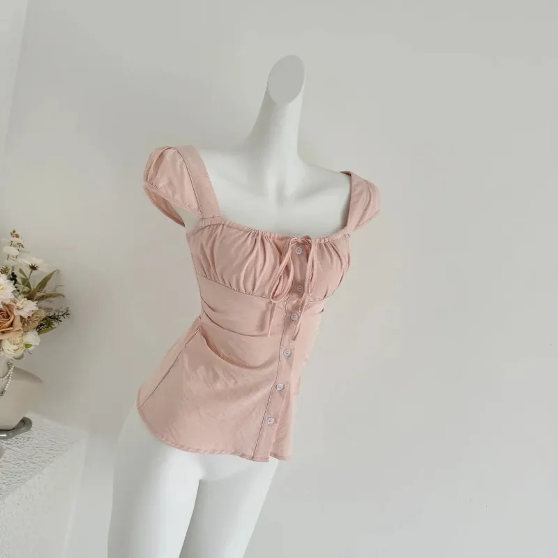 

Женская розовая блузка с квадратным вырезом, завязками спереди, рюшами и пуговицами, приталенная, с коротким рукавом, укороченный топ