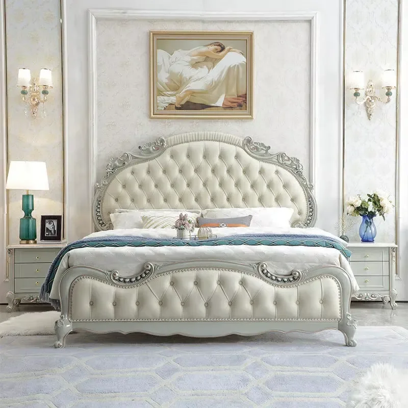 French Bedroom Bed | European Noble-Style Unique Solid Wood Bed Classic King Bed | Genuine Leather Upholstered