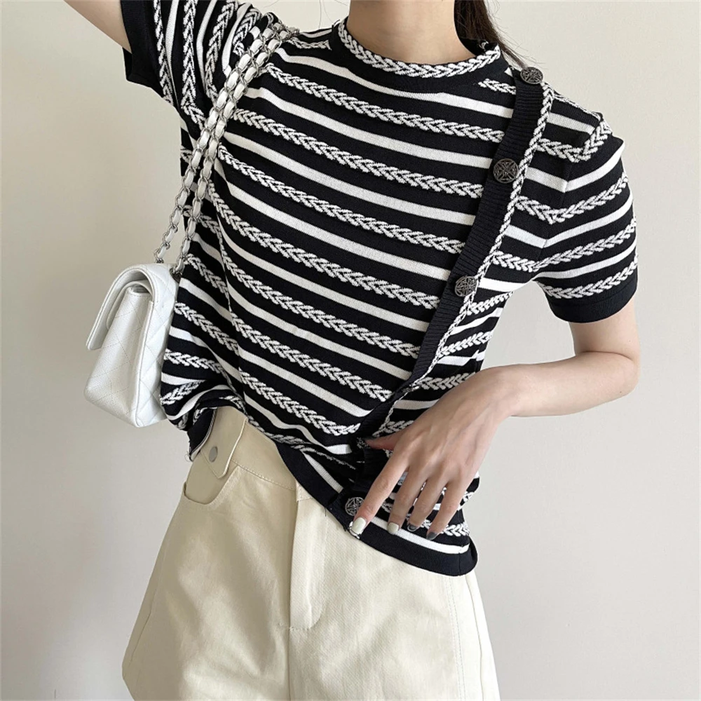 PLAMTEE Summer Retro T-Shirts Sweaters Women Knitwear Office Wear Stripes Hot Stylish 2022 Chic Work Wear Short Sleeves Jumpers