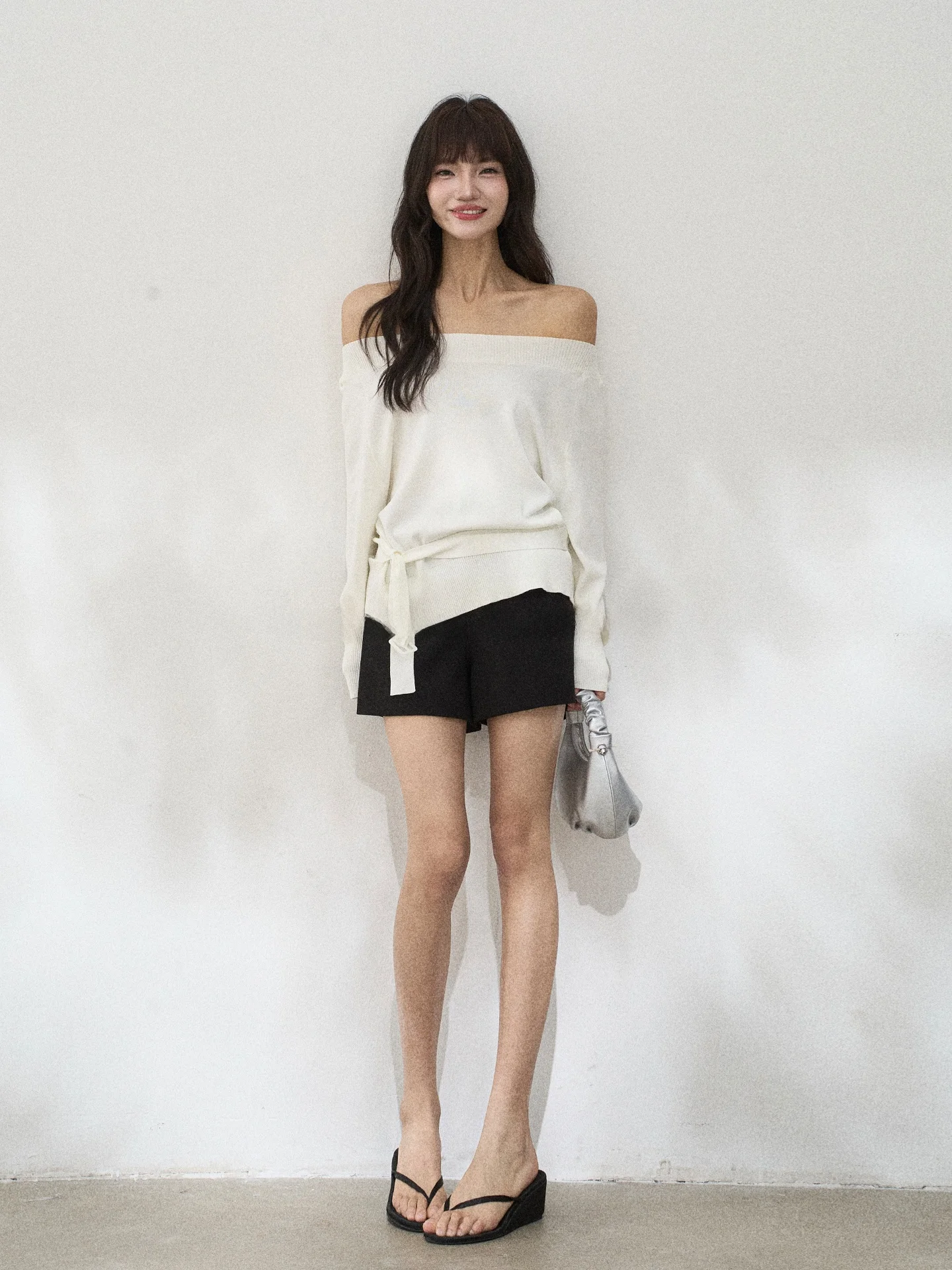 

Flower7 Korean Sle Knitted Belted oulder Bared Casual Top Women Spring Faionable Loose Fit Long Sve ort Length