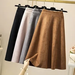 Vinatge Faux Suede Skirt for Women Autumn Winter A Line High Waist Skirts Woman Solid Color Knee Length Skirt Female