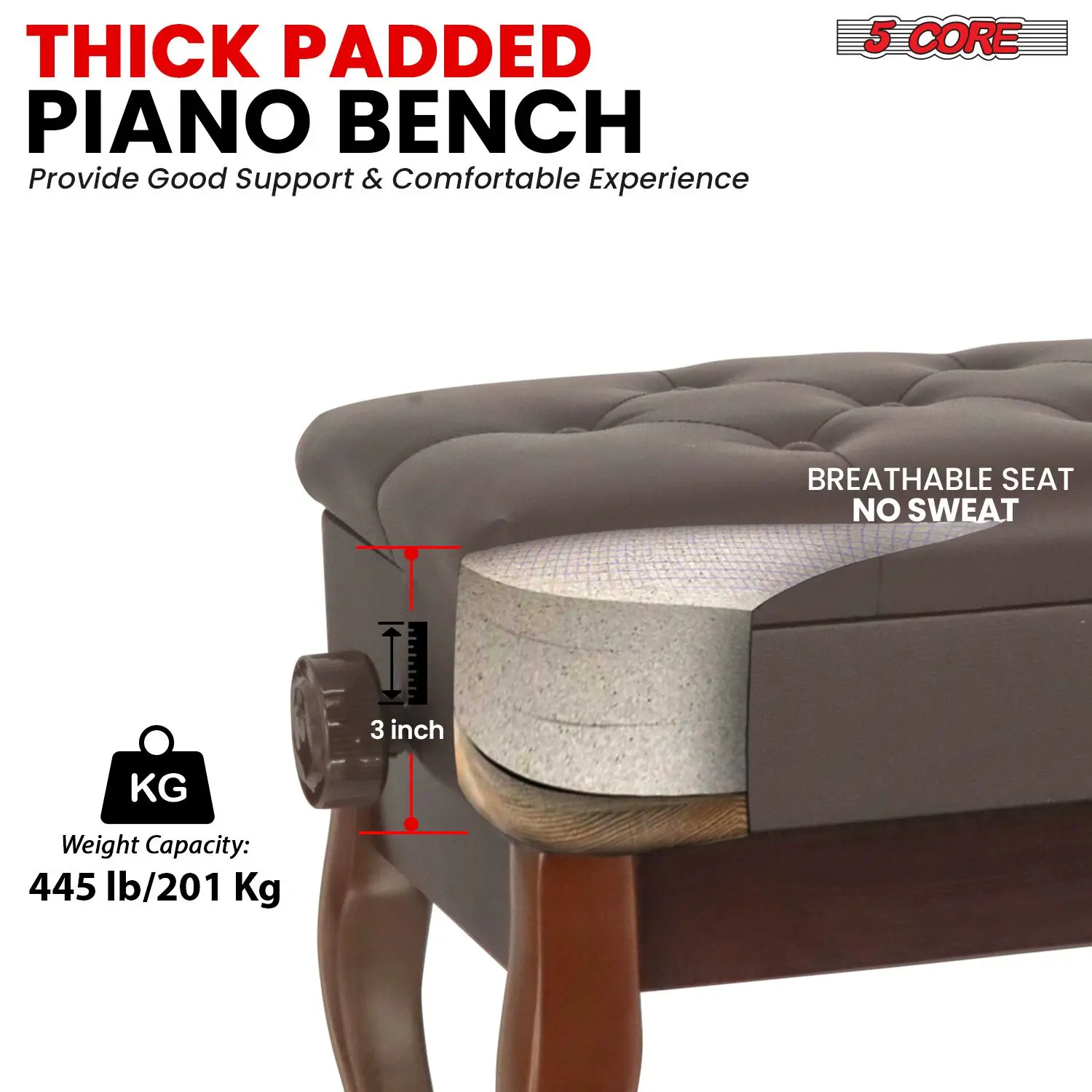 ピアノベンチ 木製 高さ調節可能 スツール 頑丈なキーボードシート 収納付き - PNB WD HD BR