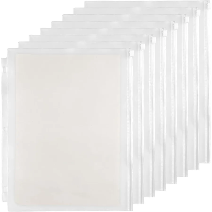 

3 Holes Clear PVC Zipper Binder Pocket Insert Pages Letter Size 8 1 2" x 11 Loose Leaf Binder Filing Storage Bags 8 Packs