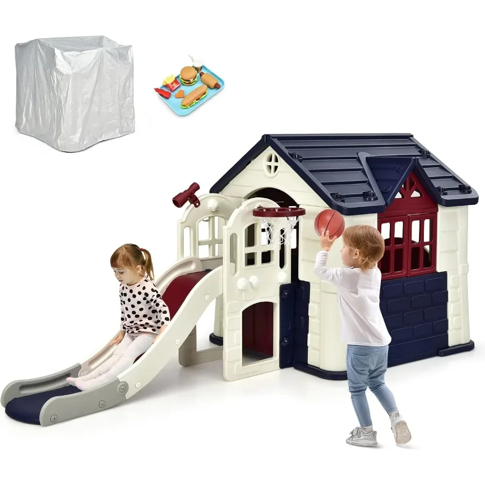 Kids Playhouse and Slide Set, 7-1 Outdoor Cottage Pretend Playhouse W/Working Doors, Toy Set & Tray, Waterproof Playground Set