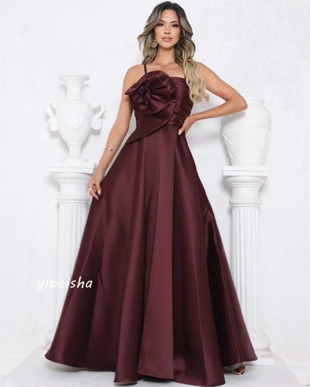 Customized Evening  Sexy Casual  Satin Flower Draped Pleat Beach A-line Spaghetti Strap Bespoke Occasion Gown Long Dresses