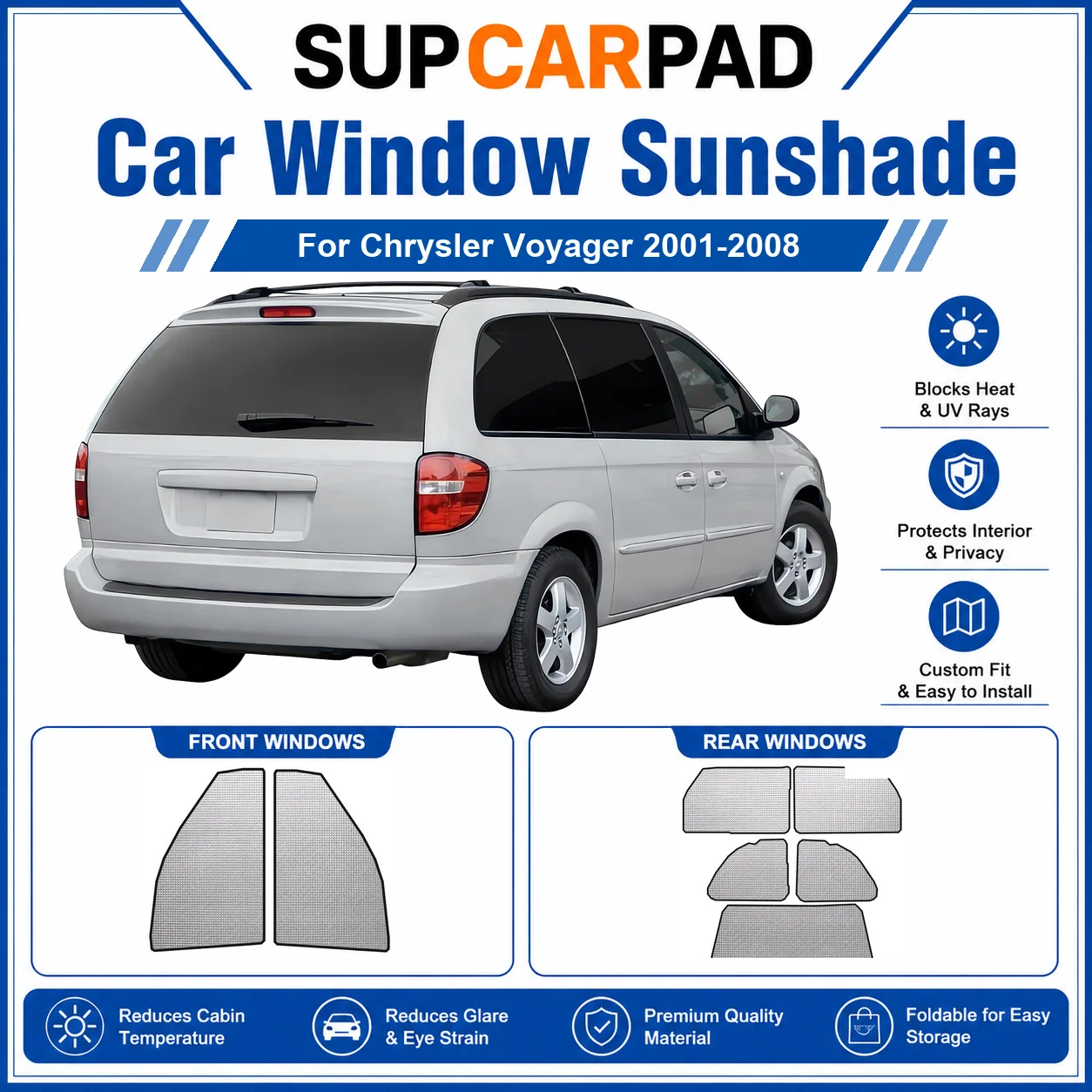 For Chrysler - Chrysler Voyager 2001-2008 Full Set Car Window Sunshades UV Block Privacy Heat Insulated Foldable Car Curtain