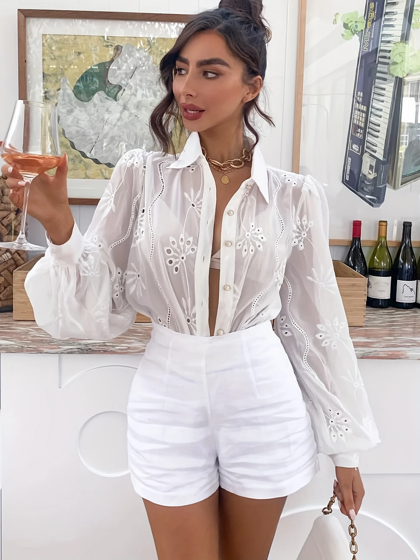 Plus Size White Summer Fashion Hot Sales Large Size Ladies Elegantly Embroidered Shirt With Hollow Pattern Women Top