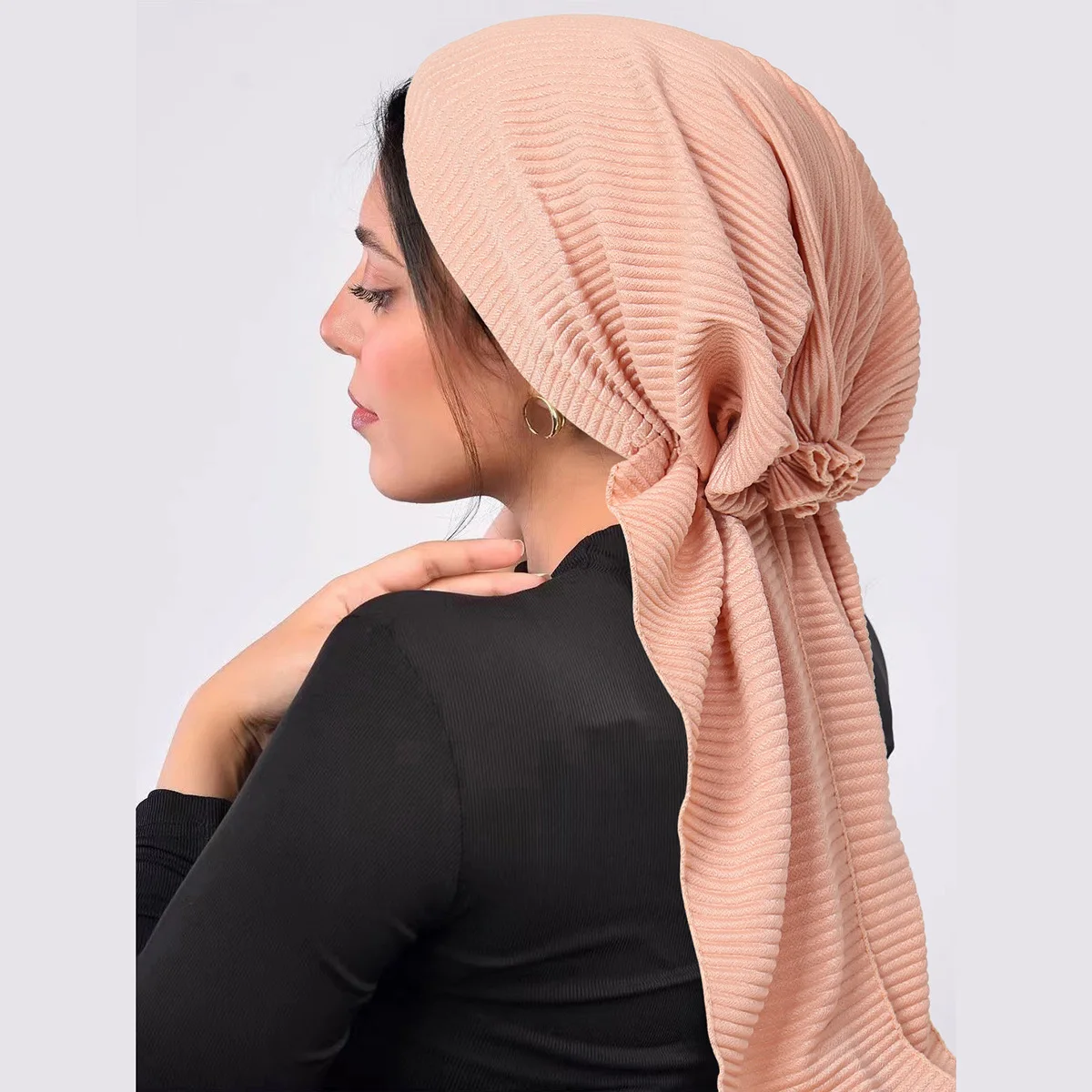 2024 New Crinkle Muslim Hijab Caps Wrap Head Soft Elastic Long Tail Turban Bonnet Fashion Solid Color Headdress Wearable