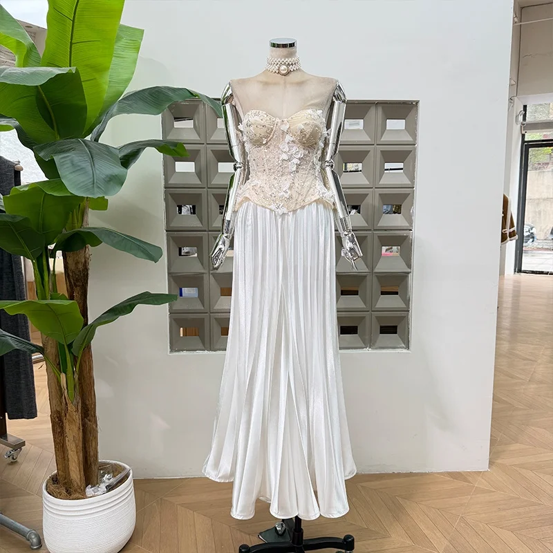 

Faionable Heavy Embroidery Lace Fibone Strap Bustier Pleated Long Skirt Long Pants Skirt Set Summer Ele Women's Suit