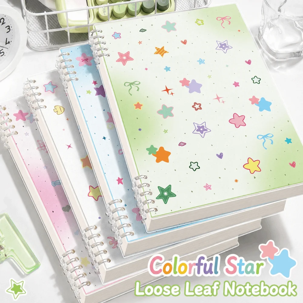 INS A5/B5 Binder Notebook Star Print Detachable Lined Notebook Dopamine Color Journal Students