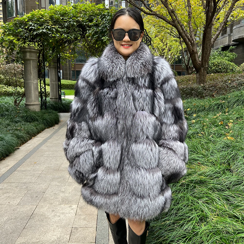 

2026 женская роскошная куртка из натурального серебряного лисьего меха лучшего качества, осенне-зимняя женская парка, длинное пальто из натурального лисьего меха