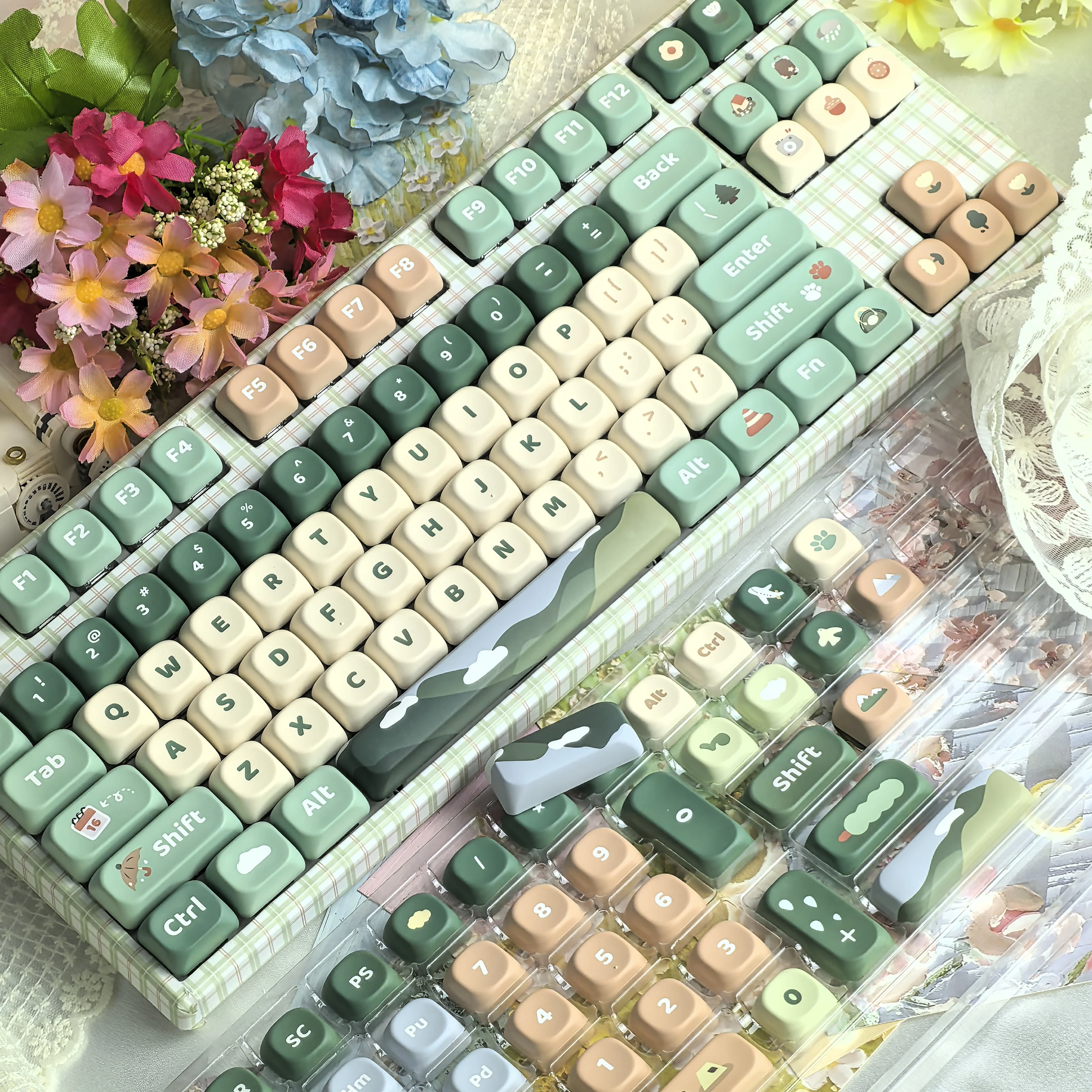 128key Green Cute Keycap MOA Height PBT For Mechanical Keyboard DIY Gift Journey Theme Mountain Element Pink Blue White Keycap