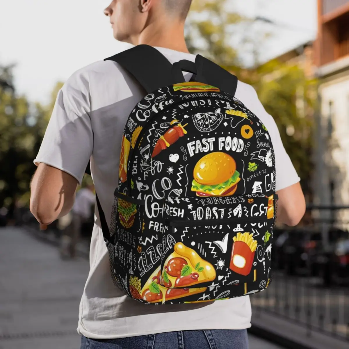 Cute Burger Fries Pizza Pattern Backpack Student BookBag Kids School Bag Computer Shoulder Bags for Boys Girls