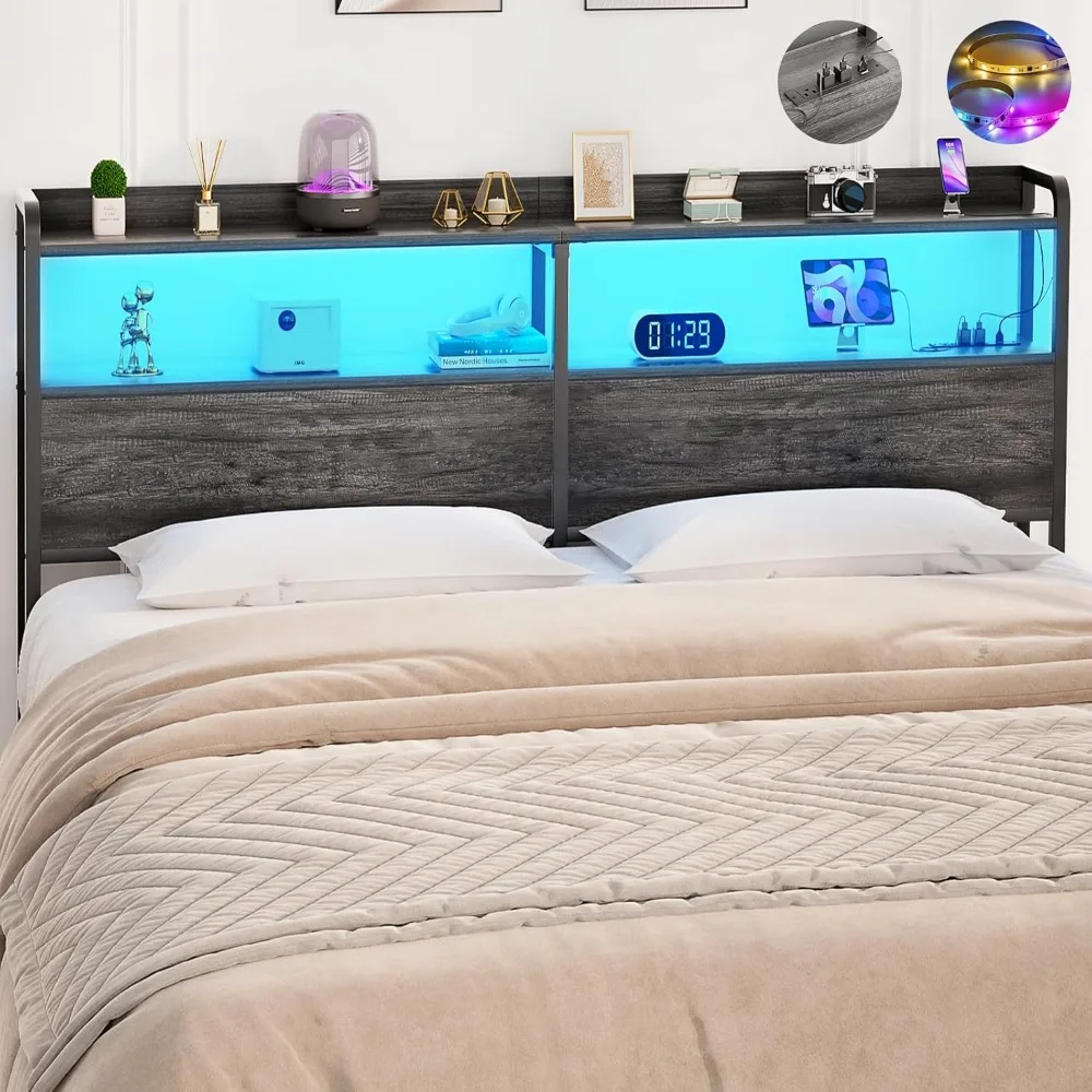 

Headboard for Queen Size Bed Frame, Headboards with Outlets, USB Ports and LED Light, Head Board with Storage, Height A