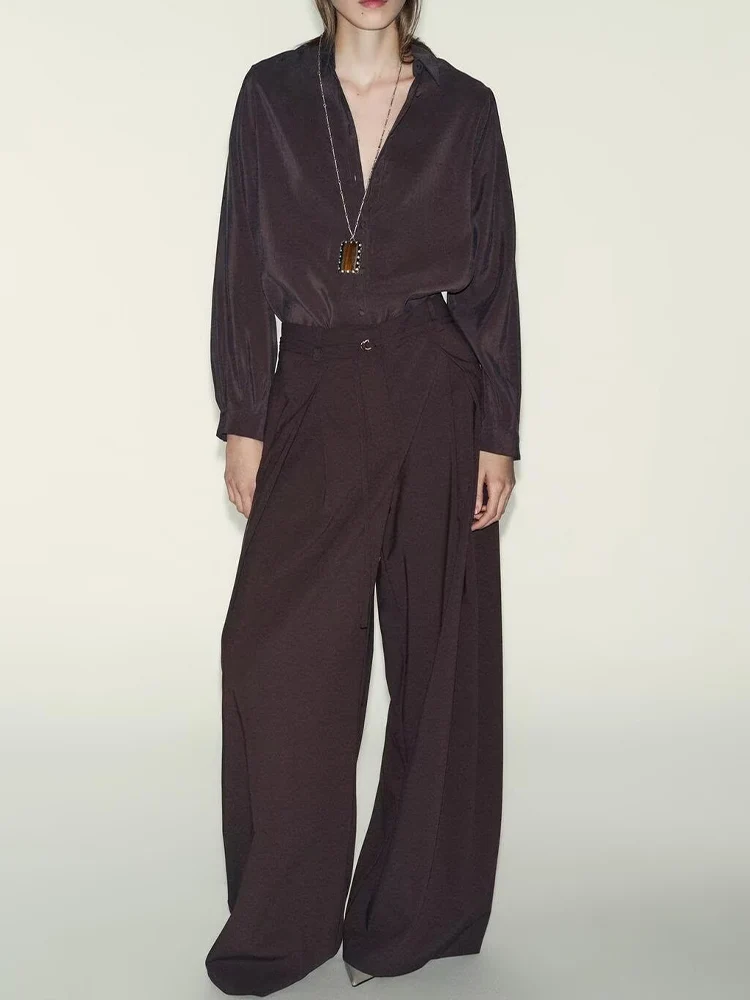 أزياء نسائية جديدة على الطراز الأوروبي متعددة الاستخدامات وأنيقة بلون سادة وحزام مطوي عالي الخصر وفضفاض