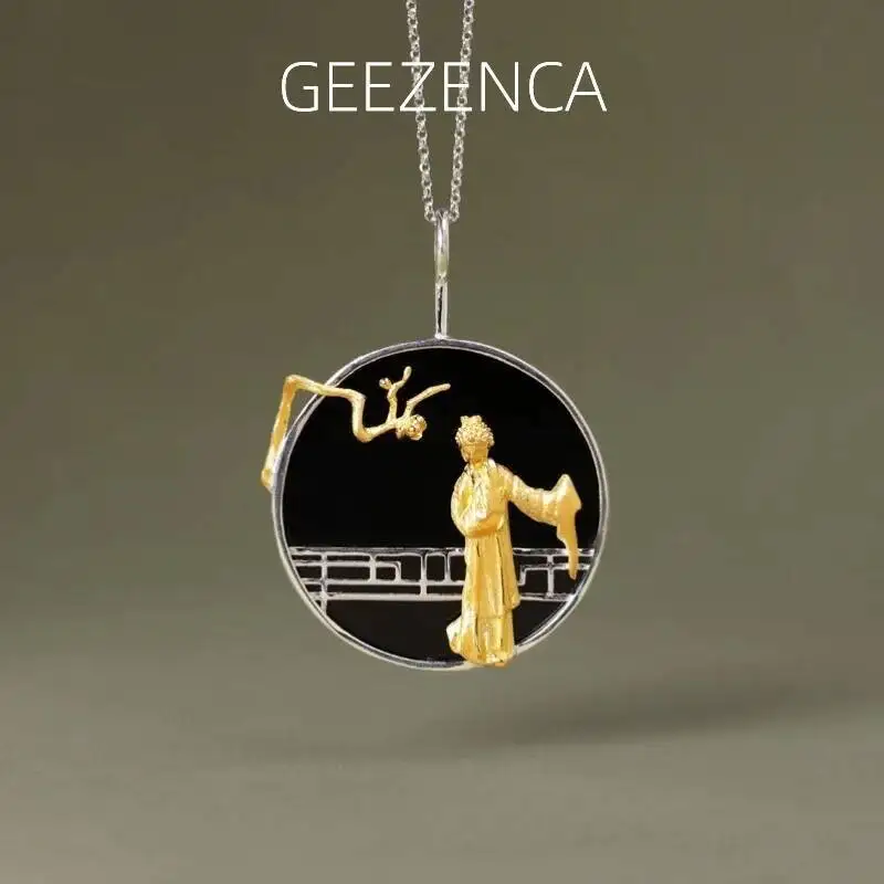 

GEEZENCA 925 Silver Black Agate Chinese Classic Opera Figure Necklace Pendant For Women Vintage Pendants Without Chain 2023 New