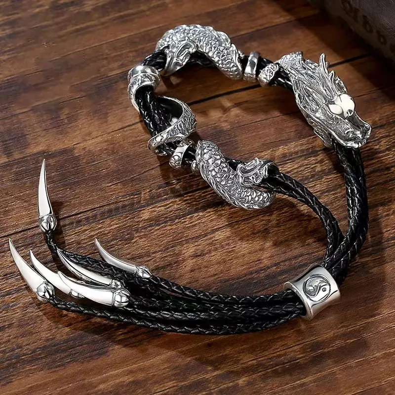 Vintage Dragon entangle Bracelet Stainless steel with Leather rope Exquisite Jewelry Accessories Gifts Men bracelet