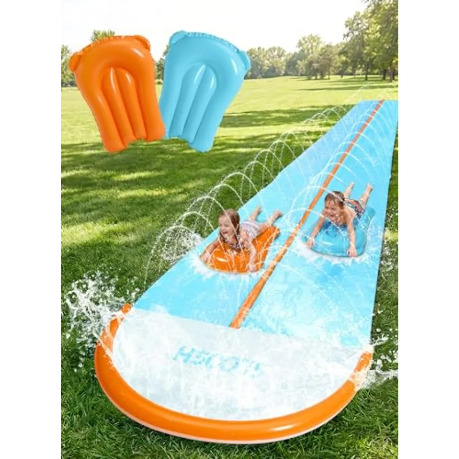 

Backyard summer outdoor water slide for kids and adults: 32.5ft double-lane inflatable slip with sprinkler, PVC material, blue
