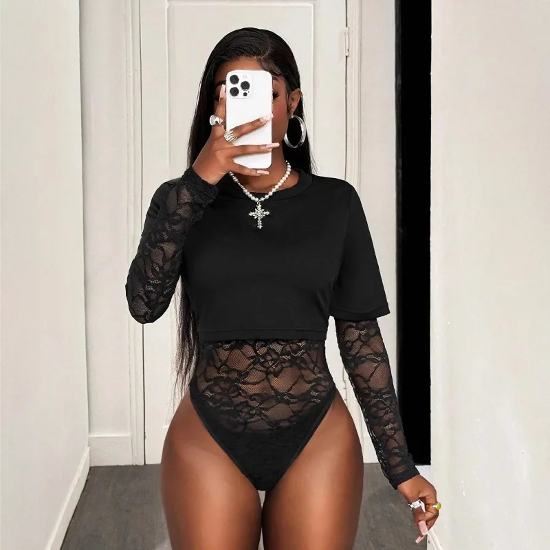 Sexy Crop Top+Lace Jacquard Full Sleeve Bodysuit for Women Hottie Street Clubwear Slim Wild Matching Basic Skinny Tees+Jumpsuit - AliExpress 200000345