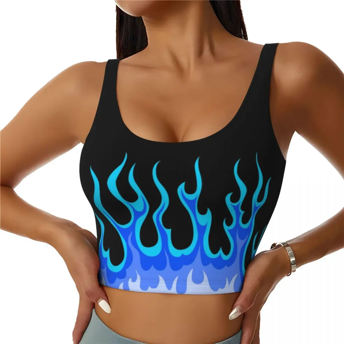 Custom High Impact Blue Hot Fire Racing Flames Sports Bra Women Gym Workout Yoga Crop Top