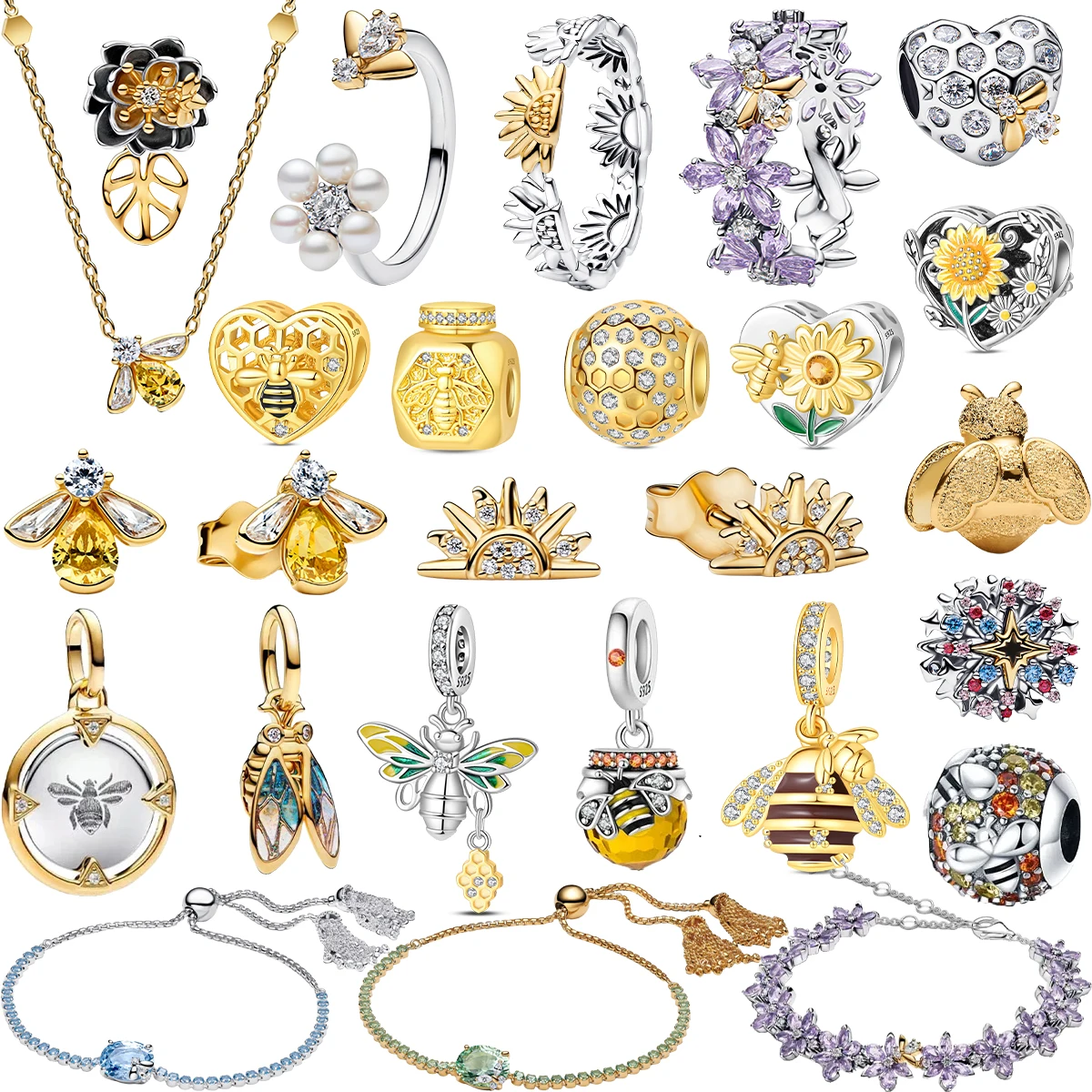 Oferta Imperdível: Pingentes e Berloques Originais de Prata Esterlina 925 com Temas de Abelha, Mel e Girassol, Compatíveis com Pulseiras e Colares, para Joias DIY e Presentes