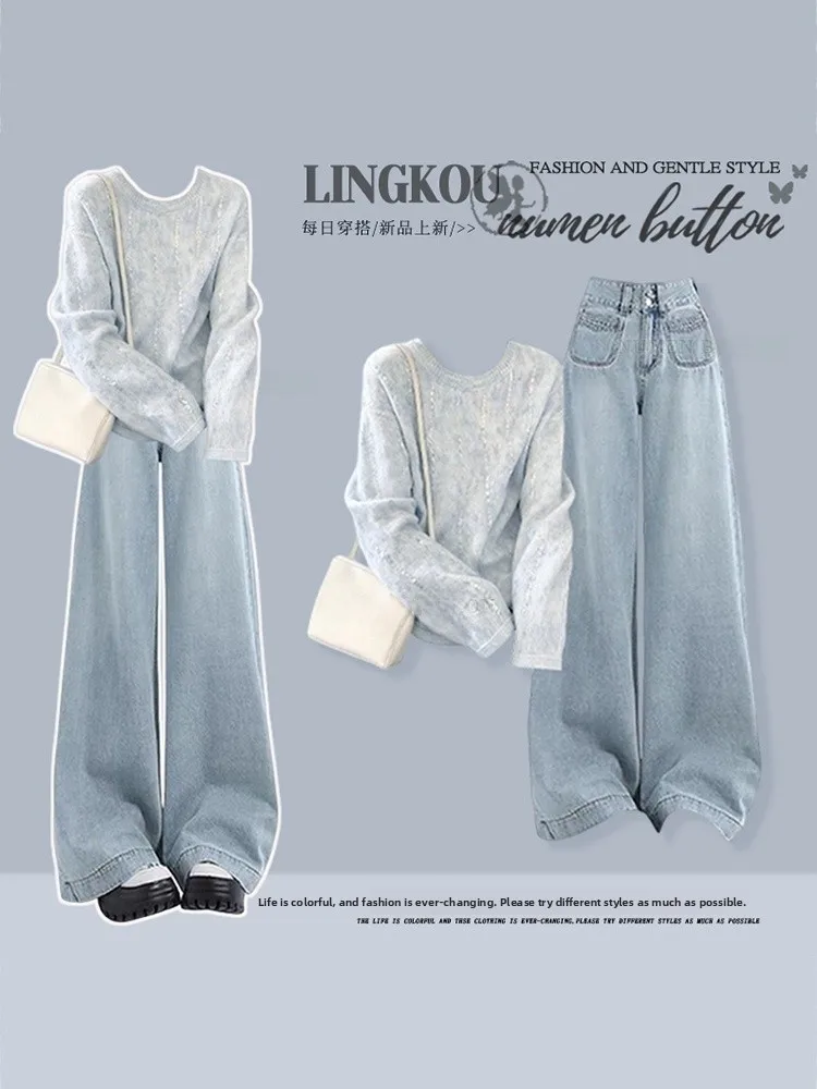 

Ele plus Size Autumn Winter Women's Casual Knitwear Set Slimming Light Blue Jeans High Waist Trousers Two Piece Set