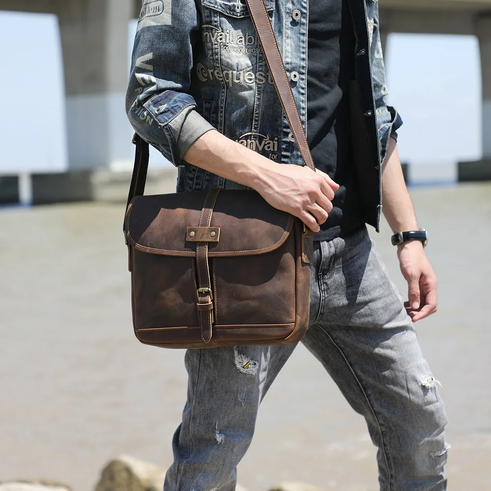 Echte Leder-Umhängetasche 11" Vintage Herren-Umhängetaschen Crazy Horse Leder Schultertasche Rindsleder Retro Mode Casual Pre – Detail 6