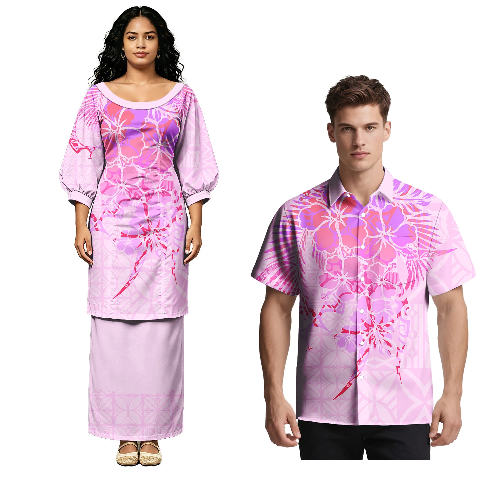 Conjunto de 2 piezas de moda 2026: Camisas de diseño polinesio para fiesta/baile de graduación para hombre y Puletasi tribal samoano para mujer, atuendos a juego para parejas hawaianos.