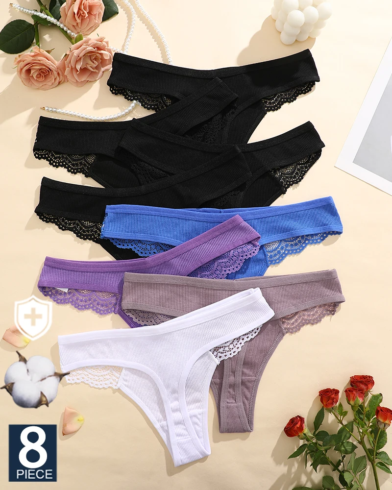 

8 шт. женское хлопковое нижнее белье кружевные стринги сексуальные однотонные трусики-бикини с низкой талией женские дышащие стринги нижнее белье