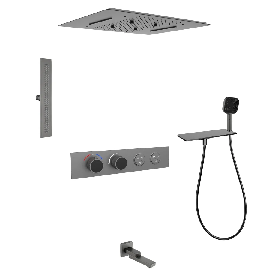 

Brass Concealed 6-function Constant Temperature Button Shower Wall Type Waterfall Rainforest Showerhead Set