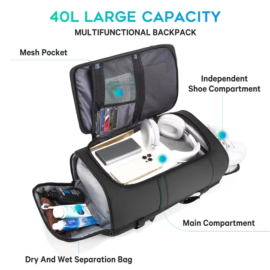 Men Backpack laptop bag Sports Travel Business Large Capacity Dry and Wet Separation Outdoor Hiking with Shoe Compartments