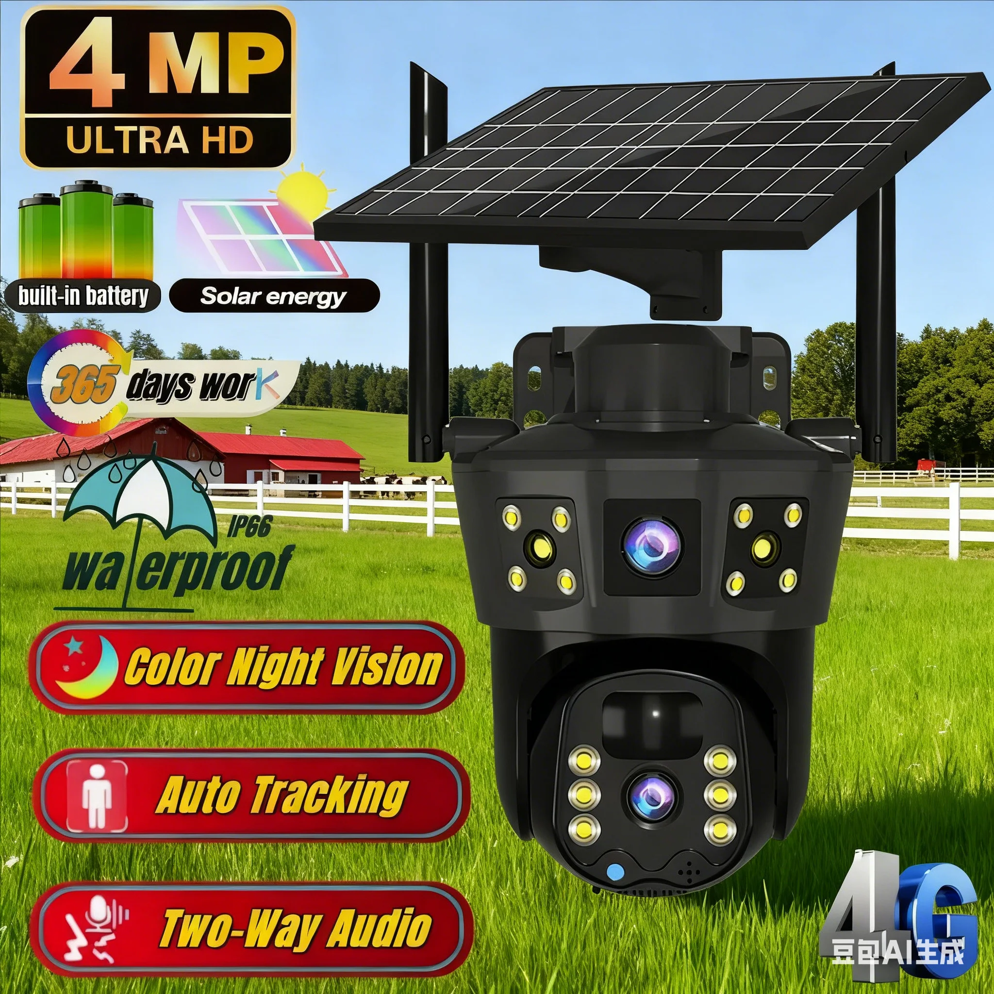 4G Camera Solar Outdoor Wireless Battery Powered AI detection Security Camera PIR Motion Alarm Cloud Storage Two Way Audio