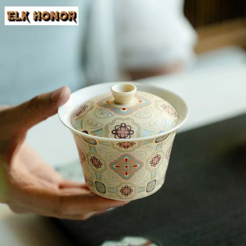 180ml Ceramic Floral Patterned Cover Bowl Boutique Handmade Tea Tureen Ancient Gaiwan Tea Maker Cover Bowl Chinese Tea Set Craft