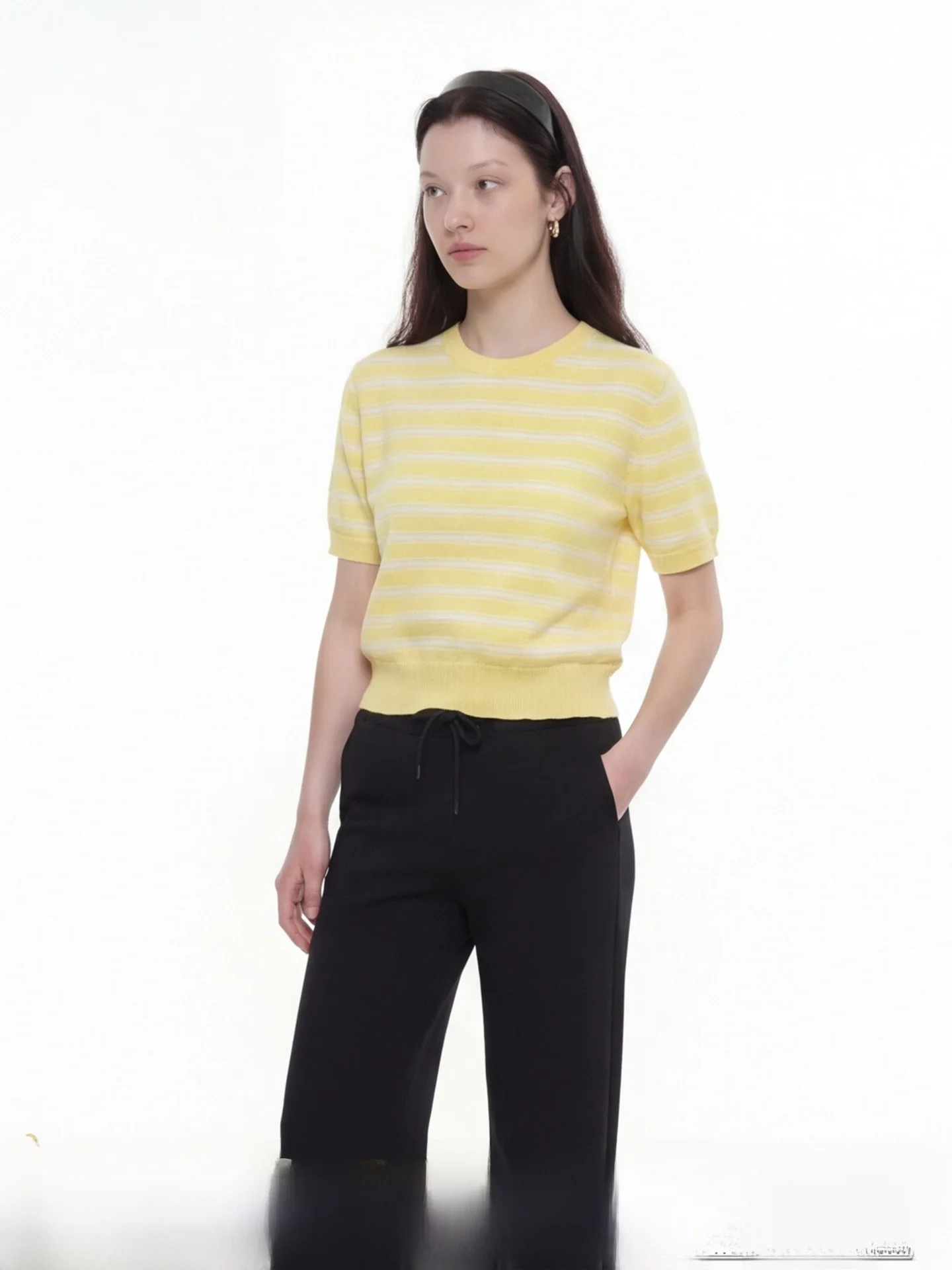 

COIE Spring New Women's Slim Fit Sweater Yellow Contrast Stripe Waist-Cinching Cotton Blend Casual Style Knitted Top