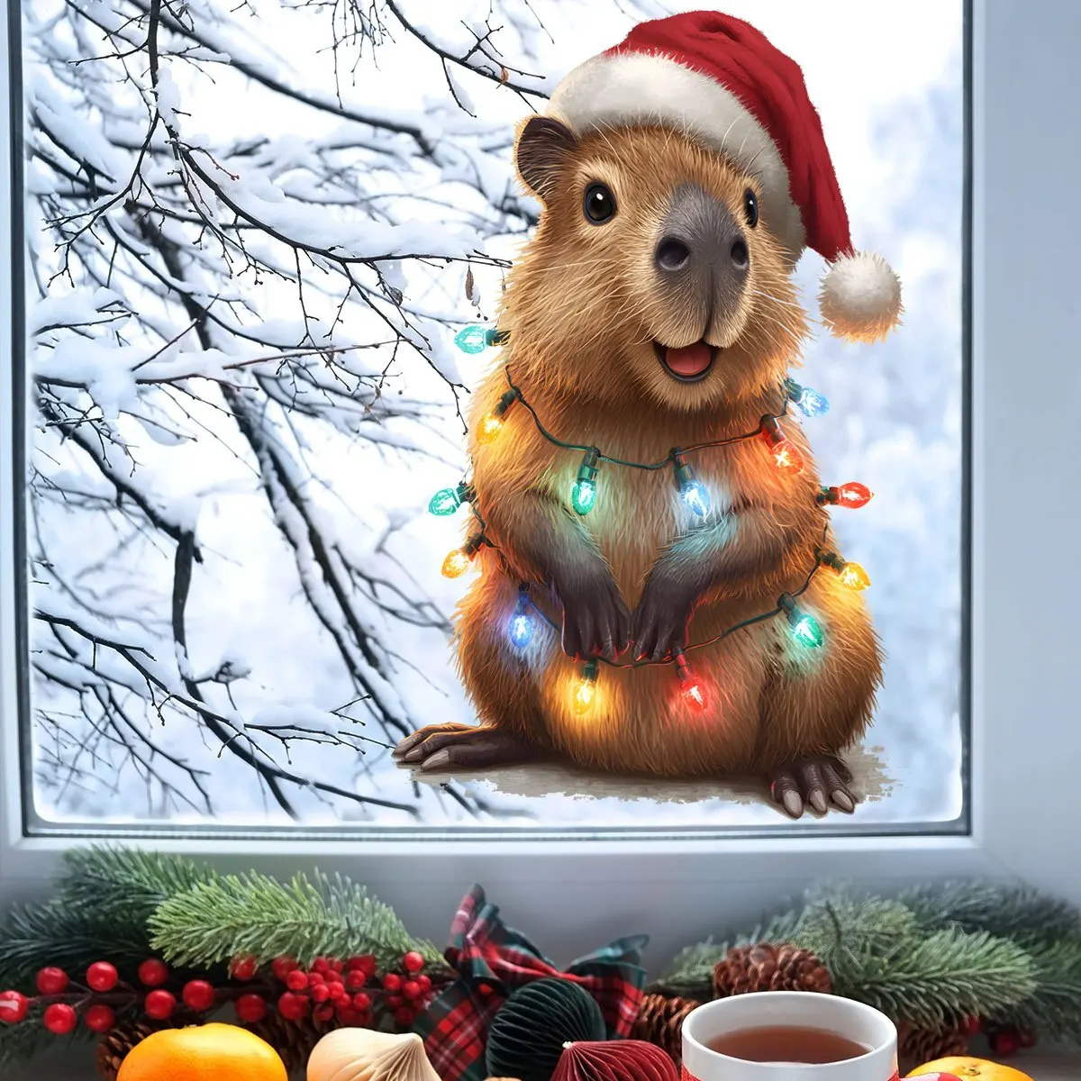 1 Stück festliche Capybara mit Weihnachtsmütze, Weihnachts-Fensteraufkleber, selbstklebend, wasserdicht, perfekt für Schlafzimmer, Wohnzimmer, Heimdekoration